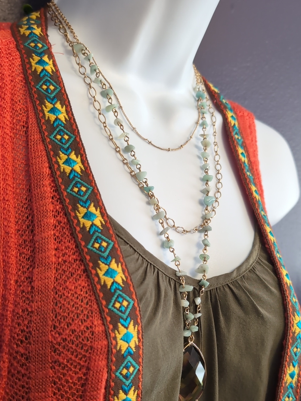 Avon Gold Layered Necklace with Pale Green Beads and Smoky Teardrop - Picture 4 of 7
